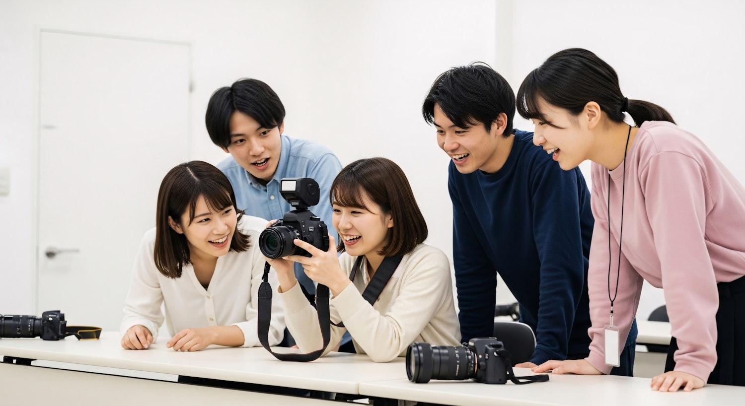 A small group gathered around a table at a workshop, looking over a camera and lenses