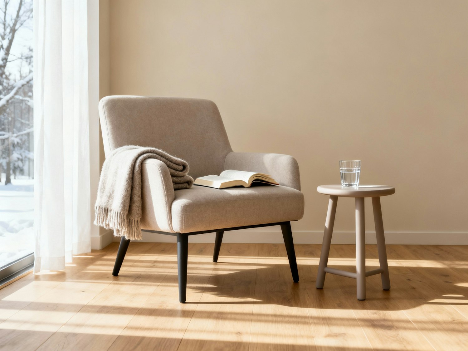 A soft armchair with a throw and an open book beside a stool and a sunlit window