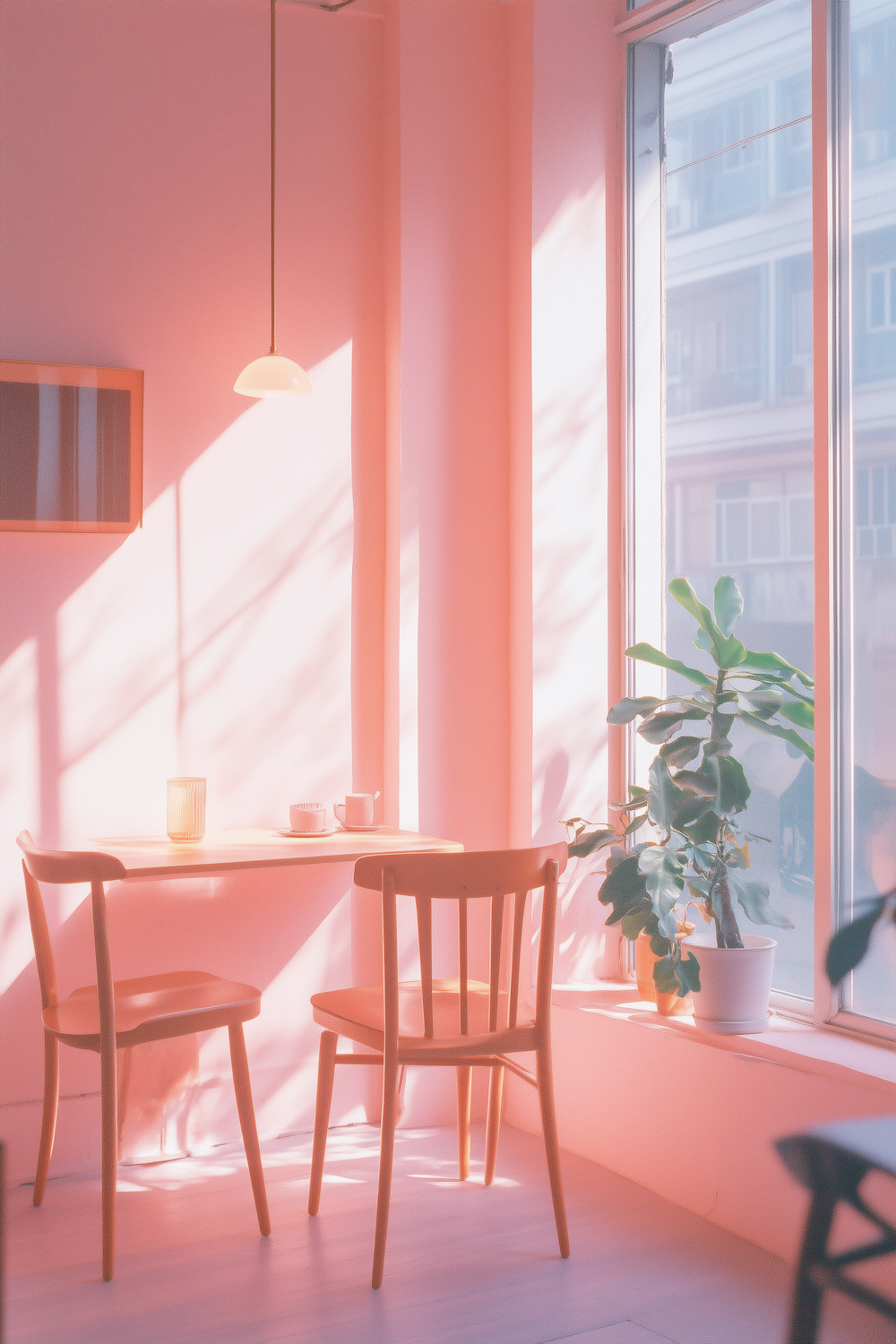 A sunlit corner of the cafe with a wooden table, chairs and a potted plant by a tall window